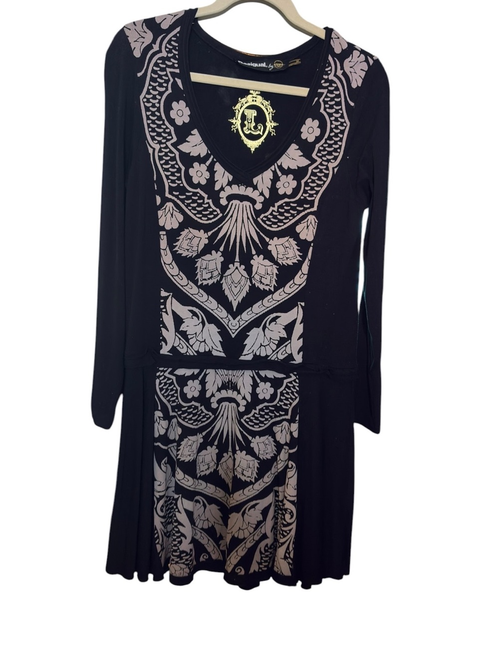 Desigual Black Long-Sleeve Knee Length Beige Ornamental Print Dress sz XL